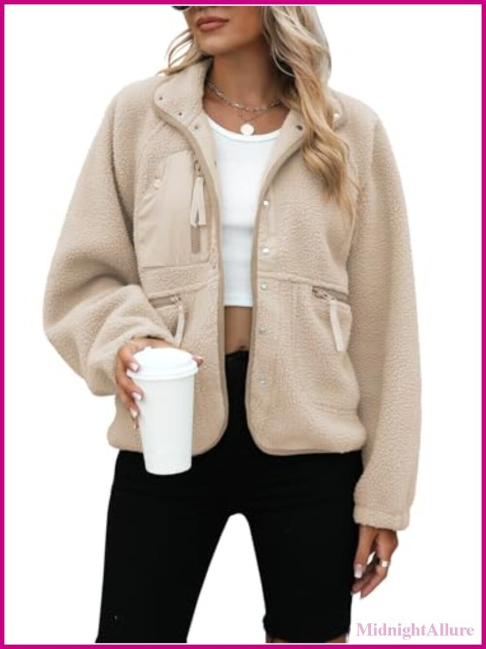 Womens Fleece Jacket Long Sleeve Button Down Sherpa Jacket Outerwear with
